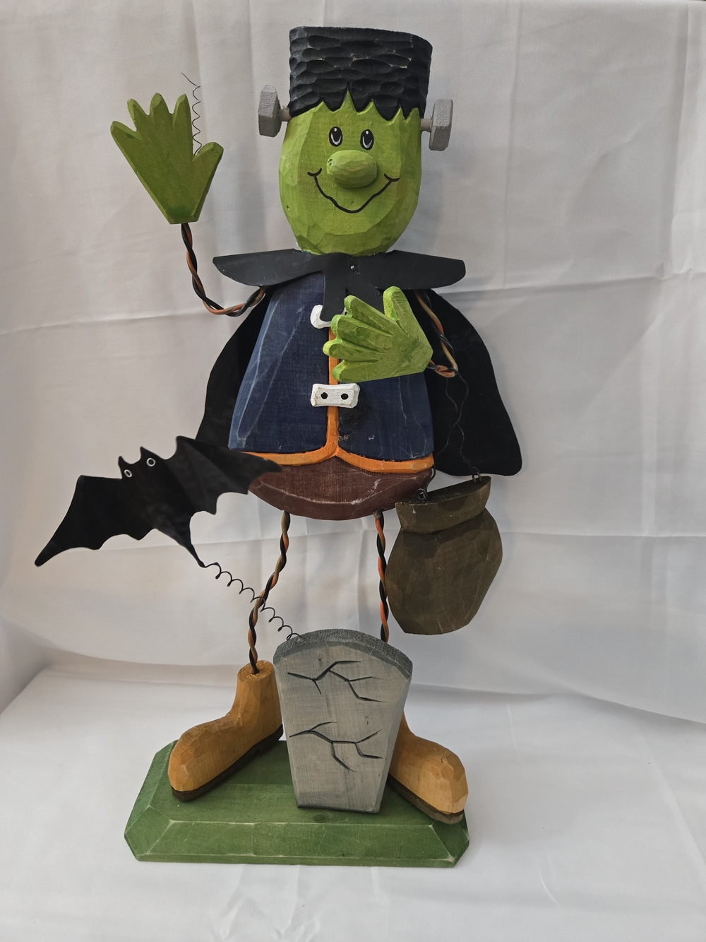 Large 17" Wood Frankenstein Halloween Figure Bat Tombstone Folk Art Decor